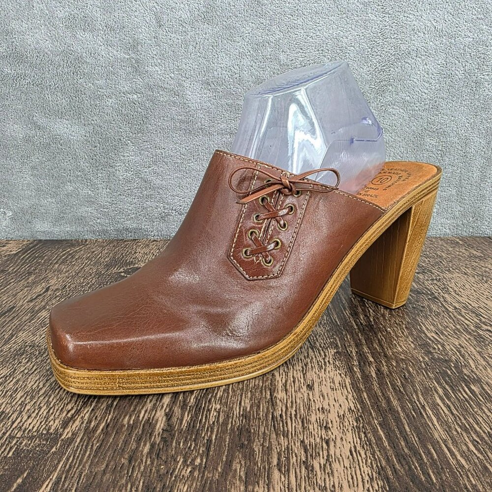No Boundaries Vintage Mules Clogs Heels 10 Brown Square Toe Leather Y2K Side Tie - Picture 1 of 15